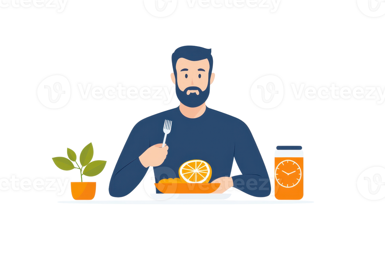 A man with a beard enjoys a meal featuring a slice of orange on his plate, accompanied by a jar of orange juice and a small potted plant. png