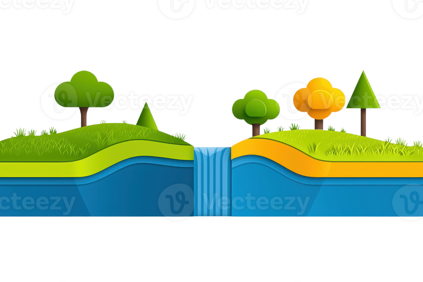 A colorful landscape featuring stylized hills, trees, and a waterfall flowing into a blue body of water. png