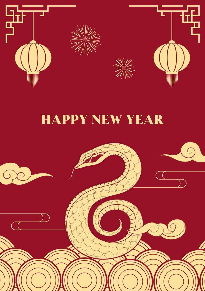 Spring Festival poster design paper-cut style snakes and lanterns and other Chinese elements vector