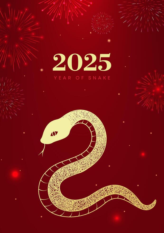 Spring Festival poster design to celebrate the Year of the Snake with golden snakes and fireworks vector