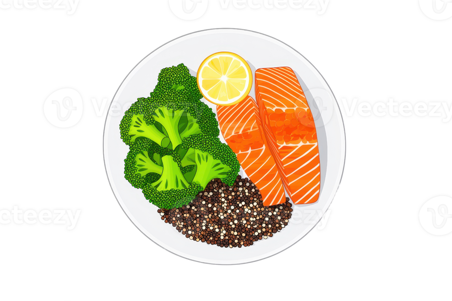 A plate featuring salmon fillets, steamed broccoli, and a slice of lemon, garnished with a sprinkle of black seeds. png