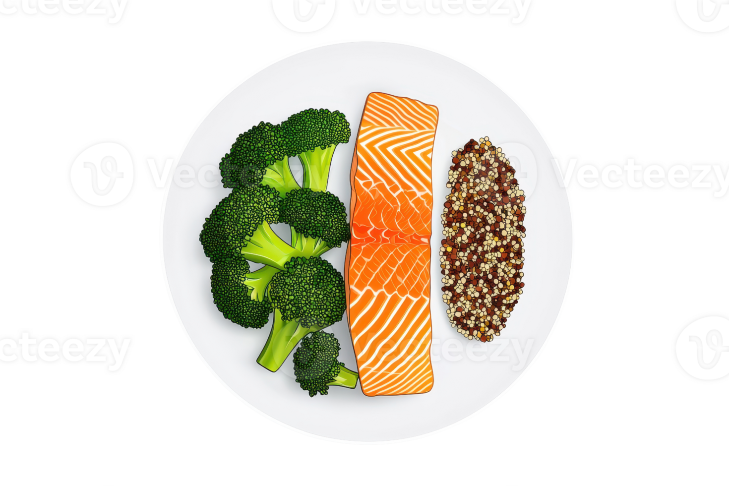 A colorful plate featuring grilled salmon, vibrant broccoli, and a portion of quinoa, showcasing a healthy, balanced meal. png