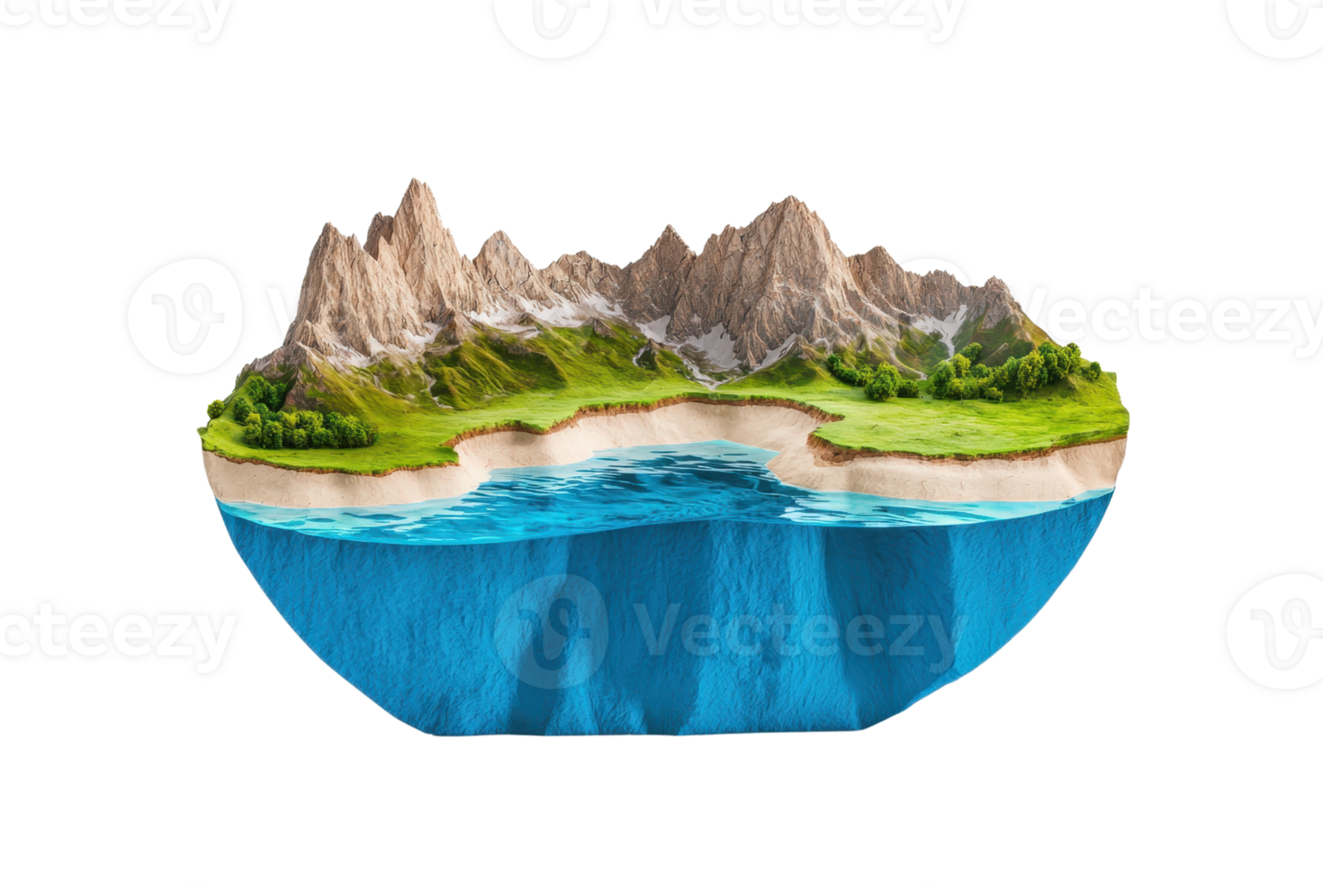 A detailed miniature landscape featuring rugged mountains, greenery, and a serene body of water, showcasing a vibrant and artistic representation of nature. png