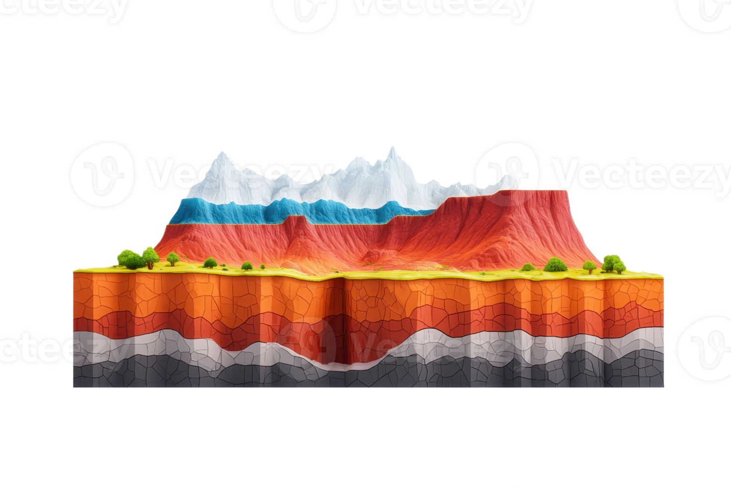 A colorful, layered geological model depicting mountains and sedimentary rock formations. png