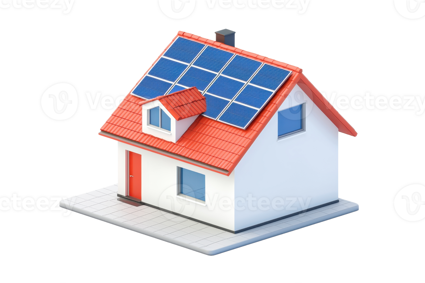A modern house featuring a red roof, multiple windows, and solar panels on top, emphasizing energy efficiency and contemporary design. png