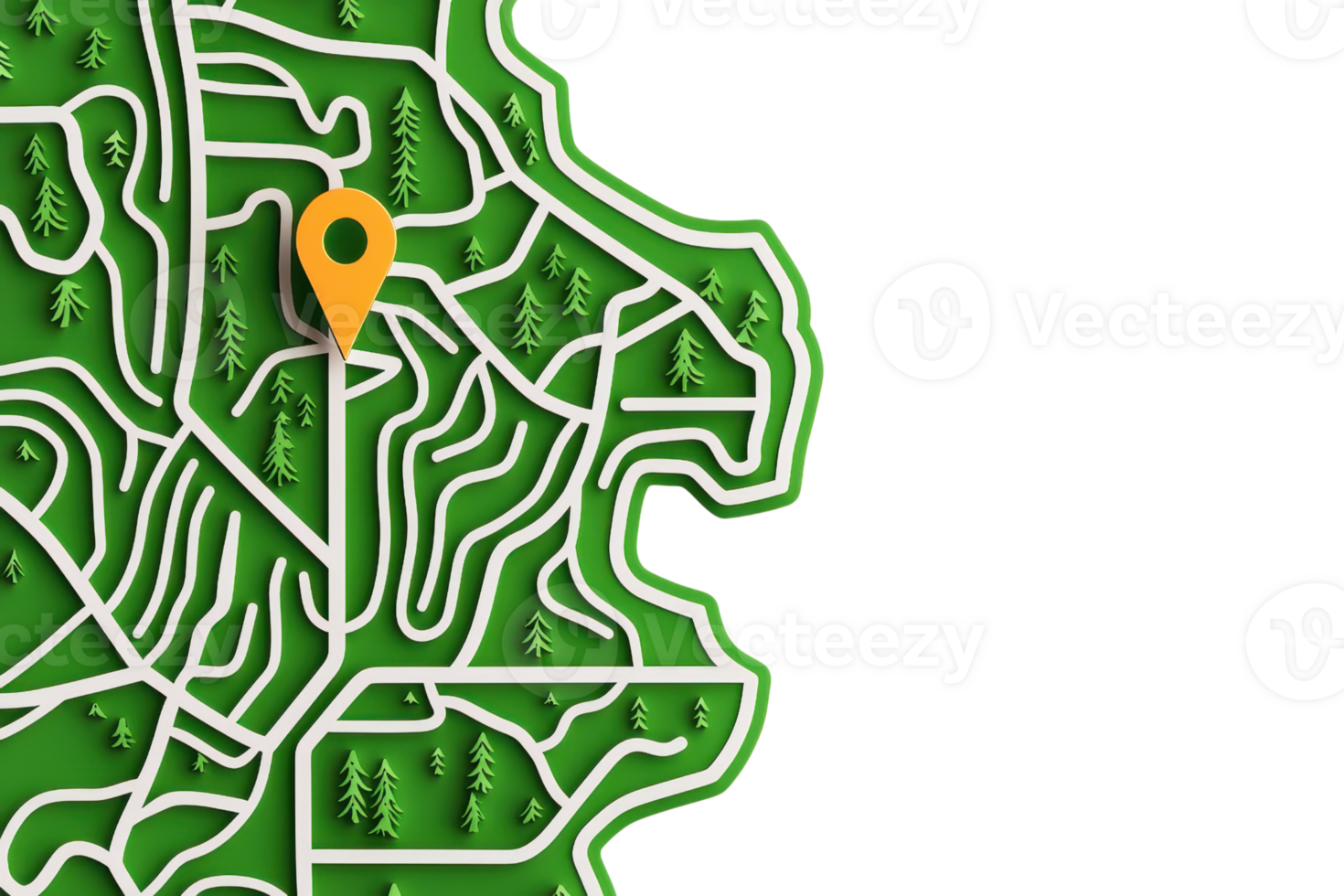 A vibrant, stylized map featuring winding paths and a prominent location marker, set against a dark background. png