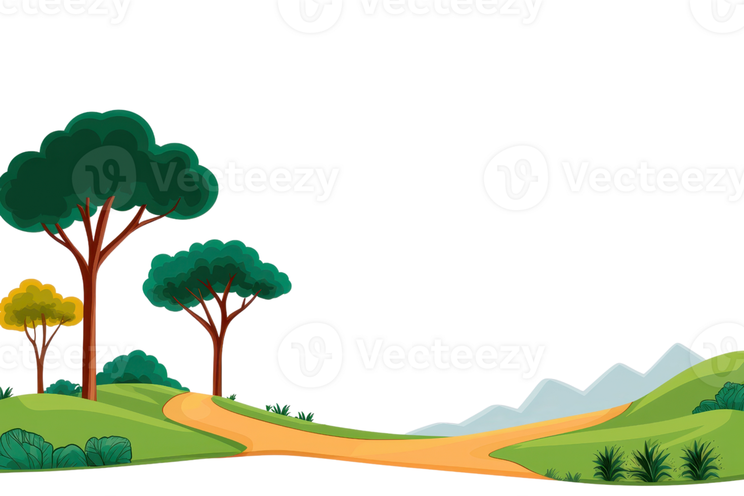 A stylized landscape featuring vibrant trees, a winding path, and distant mountains, creating a serene outdoor scene. png