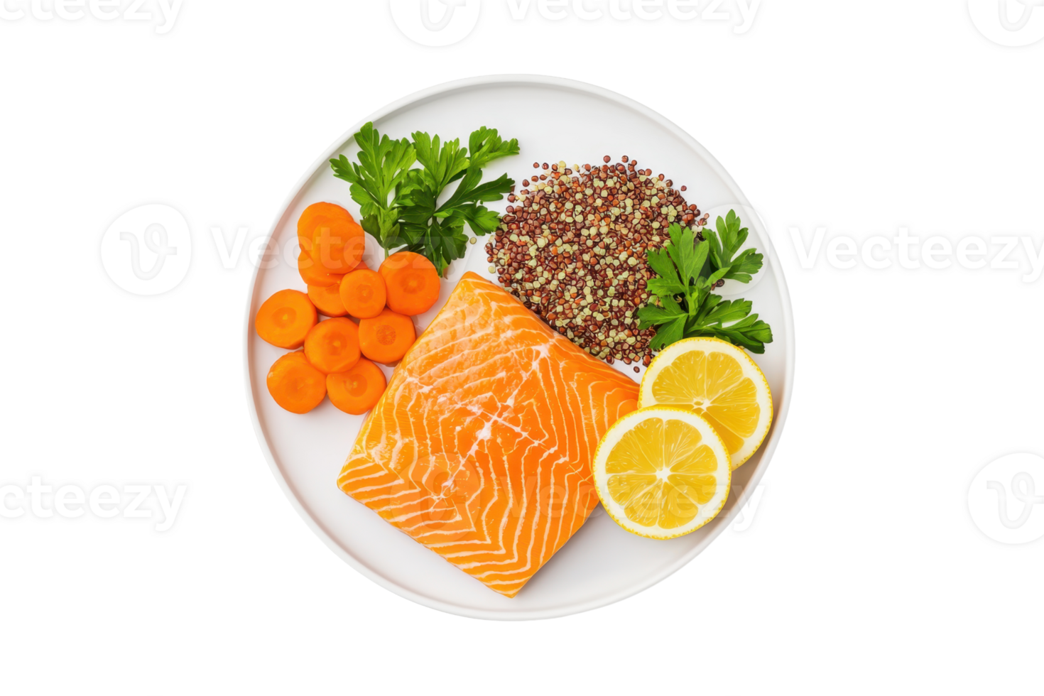 A vibrant plate featuring salmon fillet, quinoa, carrots, and lemon slices garnished with fresh greens. png