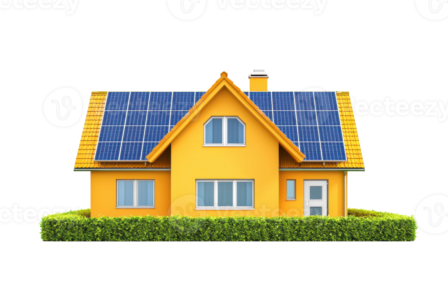 A vibrant yellow house with a sloped roof, adorned with solar panels and surrounded by neatly trimmed greenery. png