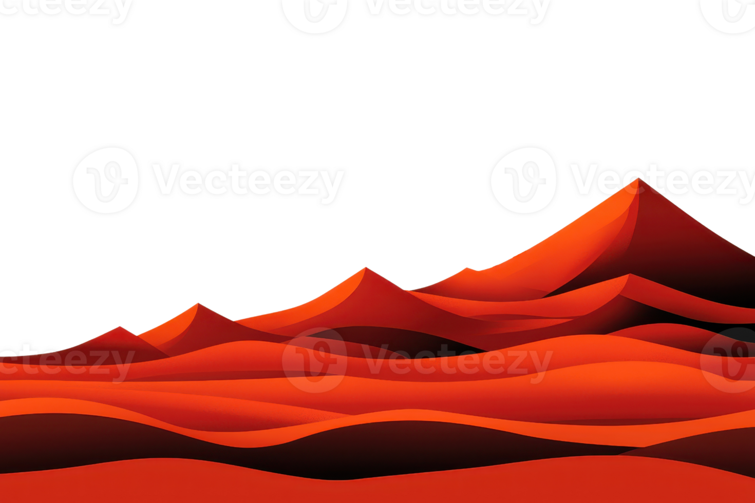 A vibrant digital landscape of red mountains and rolling hills set against a transparent background, creating a striking visual contrast. png