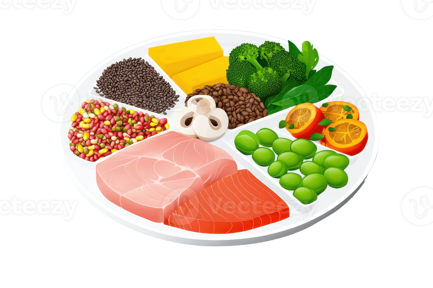 A colorful assortment of healthy foods including fish, vegetables, grains, and legumes arranged neatly on a circular plate. png