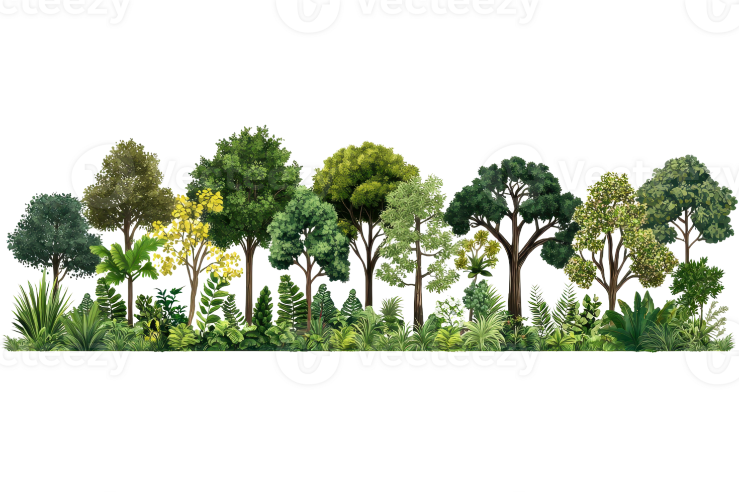 A variety of lush green trees with diverse foliage, showcasing different shapes, sizes, and colors in a dense arrangement. png