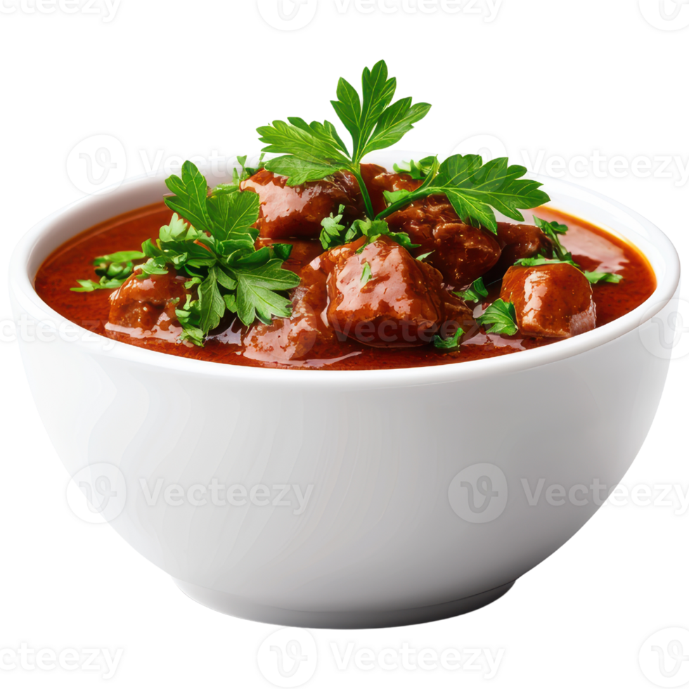 Delicious Bowl of Rich and Flavorful Stew Garnished with Fresh Parsley for Comforting Meals png