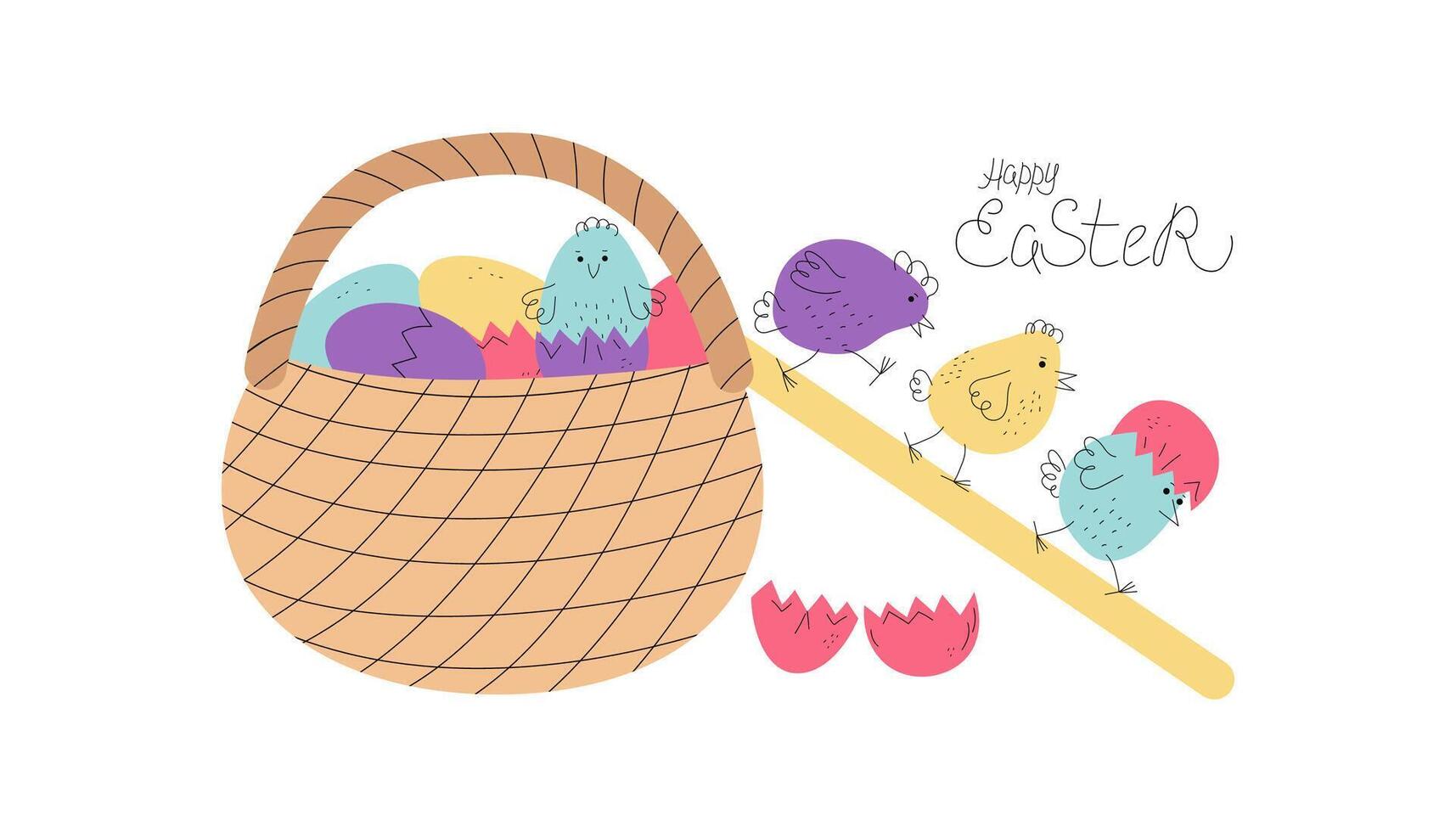 Set of funny chickens, basket with eggs. Cartoon colorful chickens, animals, poultry. Hand drawn linear doodle icons. Easter design, hand lettering. vector