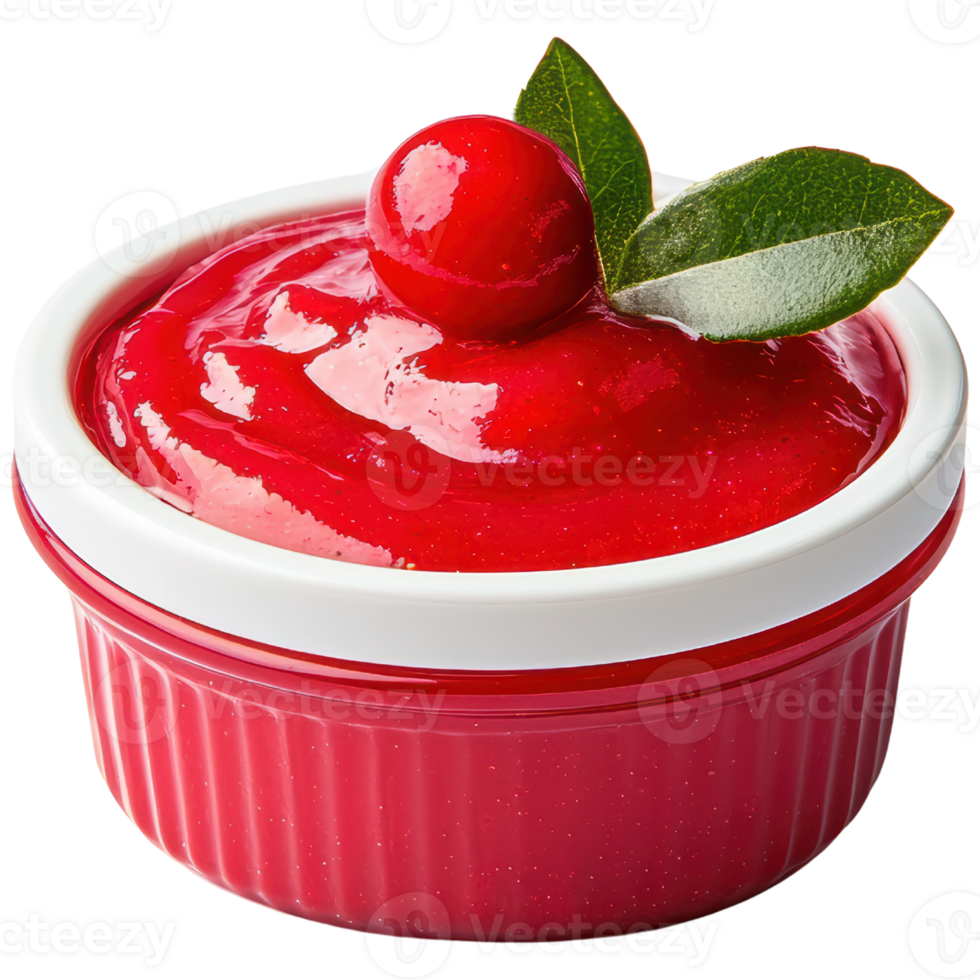 A red sauce in a small bowl with a cherry on top png