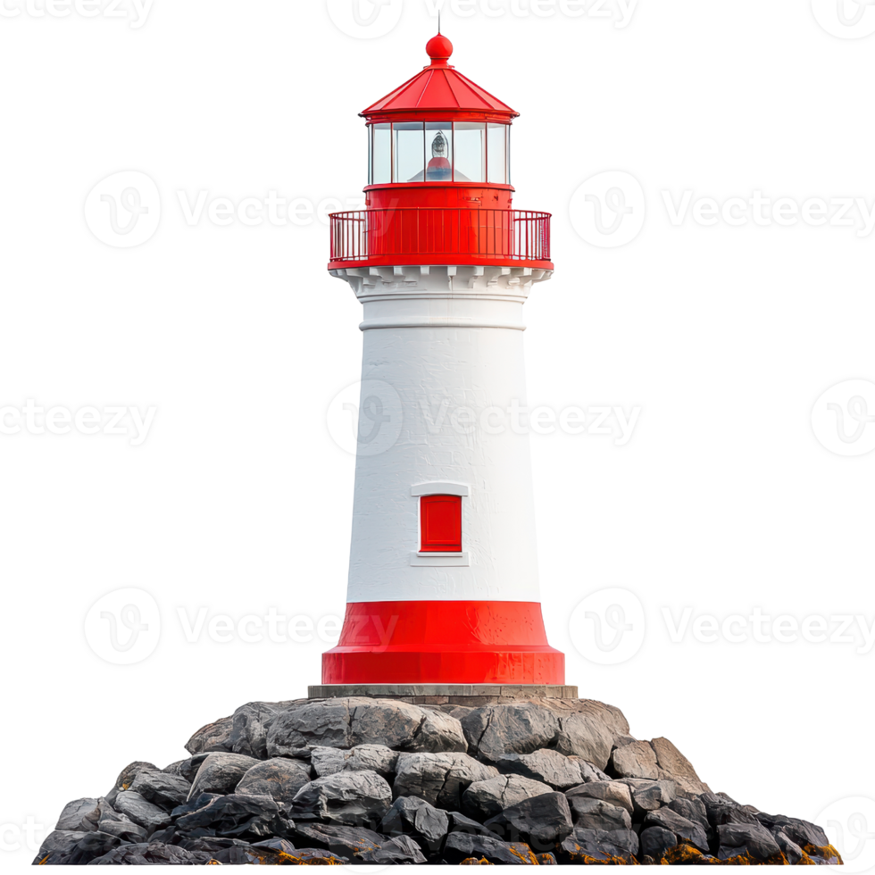 Beautiful Lighthouse Standing on Rocky Shore with Clear Blue Sky and Sunlight Shining Brightly png