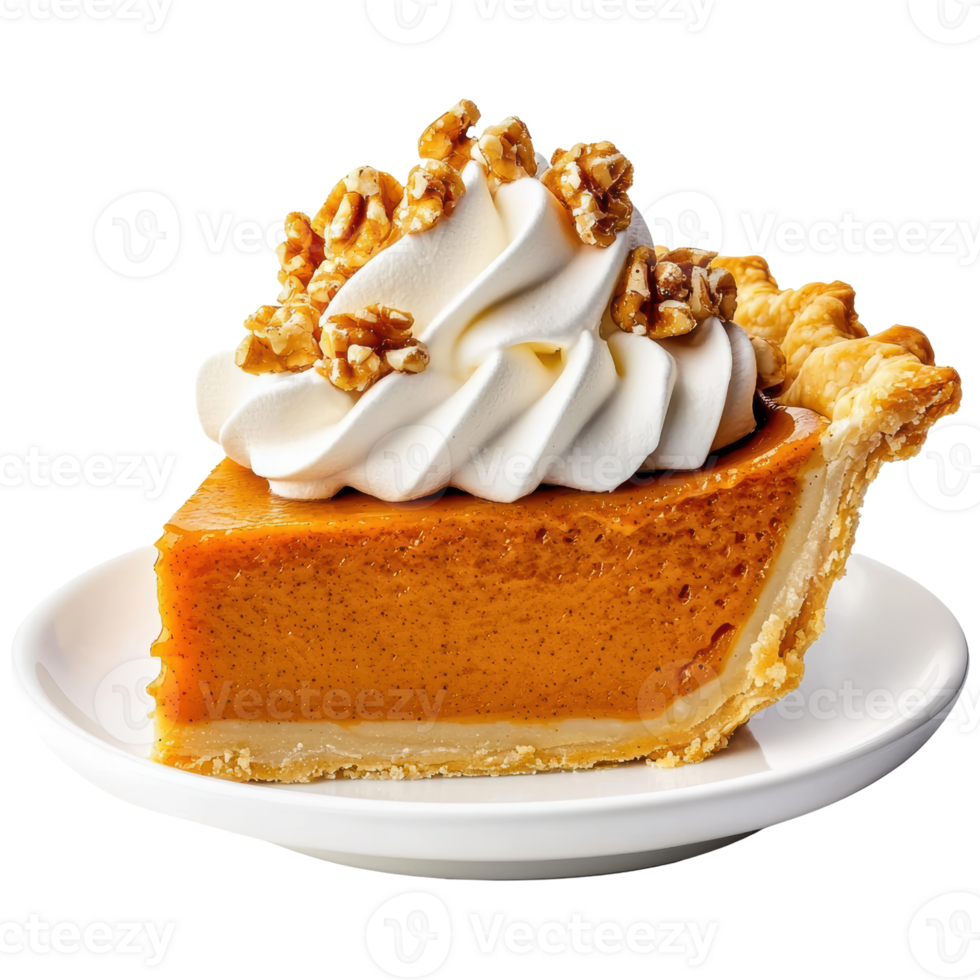 Indulgent Slice of Pumpkin Pie with Whipped Cream and Crunchy Nuts on a White Plate png