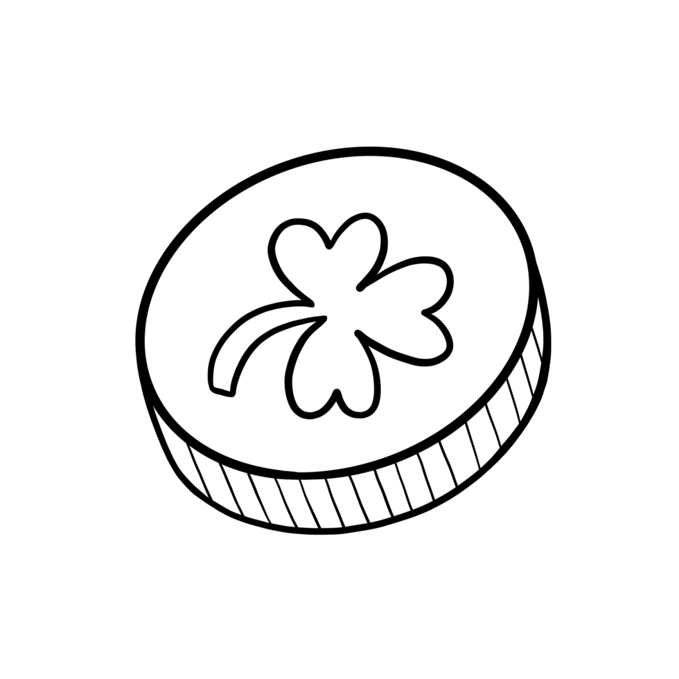 Shamrock Coin Black and White Outline Drawing is a symbol of good luck and Irish charm. The smooth and polished surface highlights the Celtic-inspired design. png