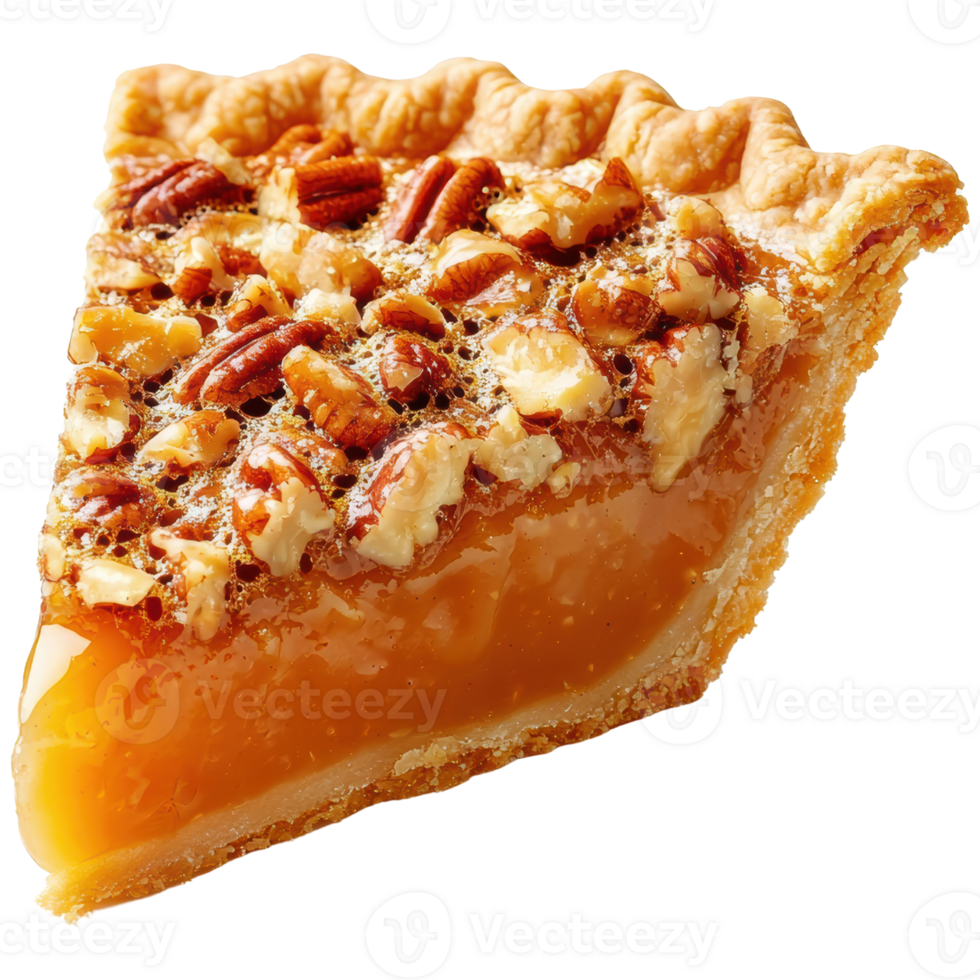 Delicious Slice of Pecan Pie on a Decorative Plate Showcasing Rich Textures and Colors png