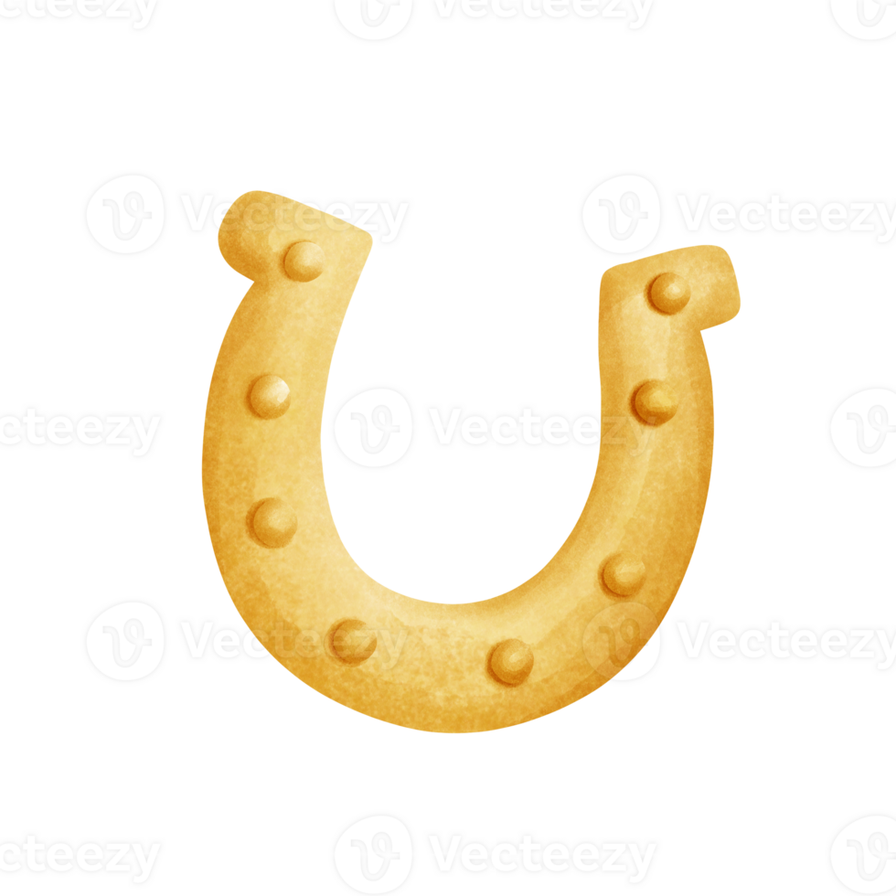 A digital watercolor painting of a golden horseshoe. The horseshoe is depicted with a glossy finish and detailed nail heads. The golden horseshoe is a classic symbol of good luck and fortune. png