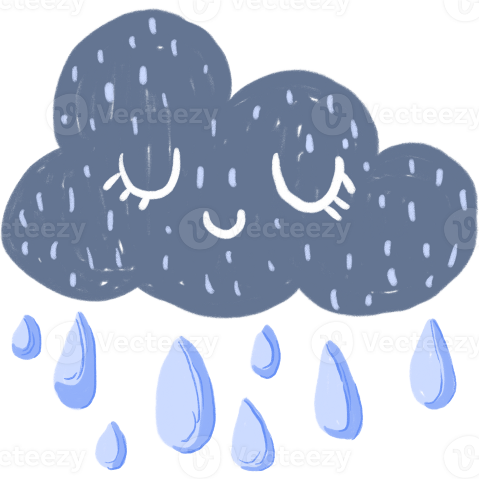Cute cartoon clouds with happy faces float in the sky. Small drops of rain are falling. The clouds are light blue and have white outlines. png