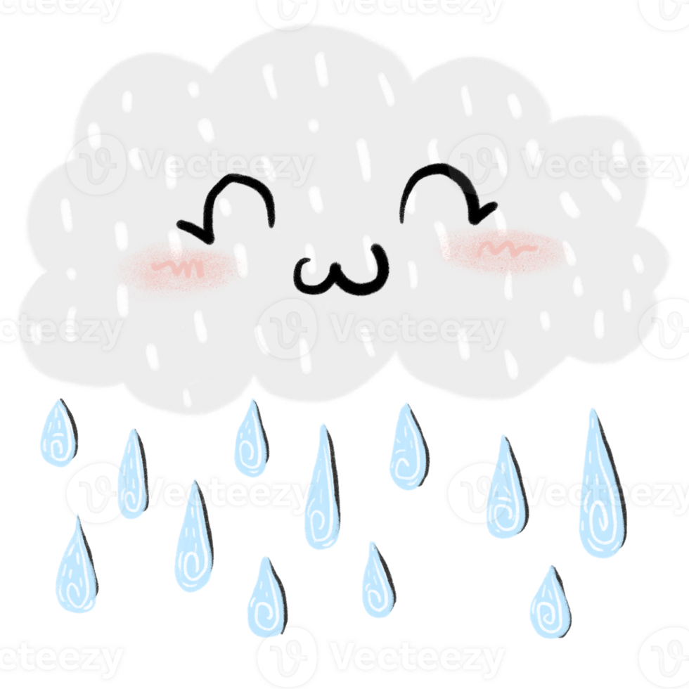 Cute cartoon clouds are smiling and raining. Have a happy expression with closed eyes and pink cheeks. The clouds are white and fluffy. And it was raining in small, blue drops. png