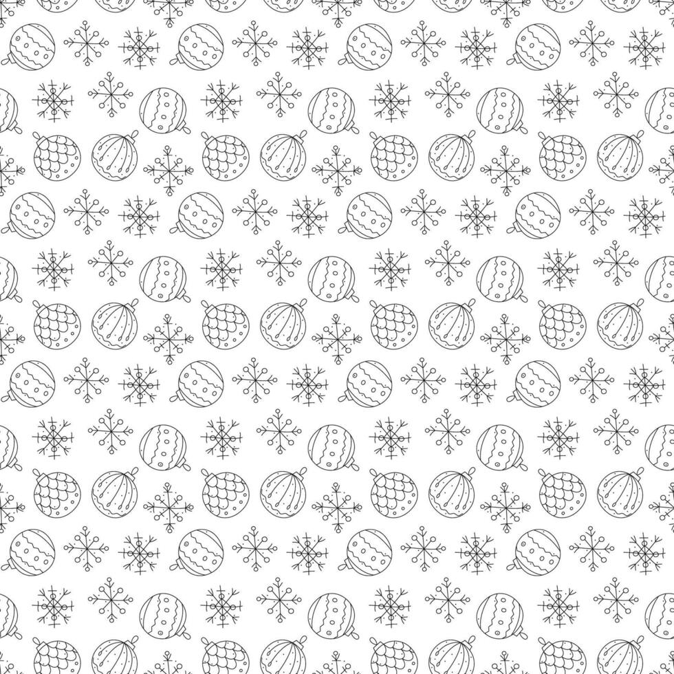 Doodle seamless pattern with Christmas tree balls and snowflakes. Black outline illustration. vector