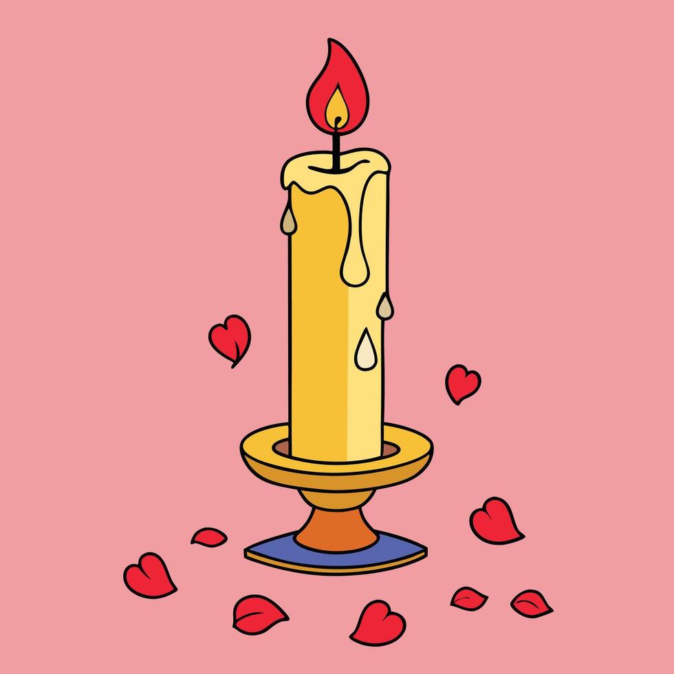 Yellow Candle with Hearts on Red Background Romantic Icon Illustration. vector