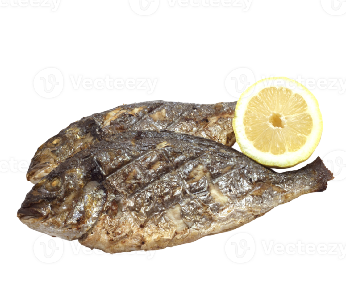 Two pieces of fish with a lemon on top png
