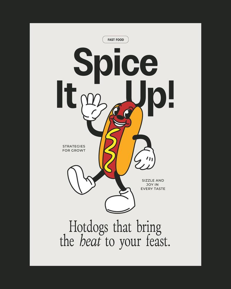 Vintage-style poster featuring a cheerful hotdog mascot with bold typography, ideal for fast food promotions and branding campaigns. vector