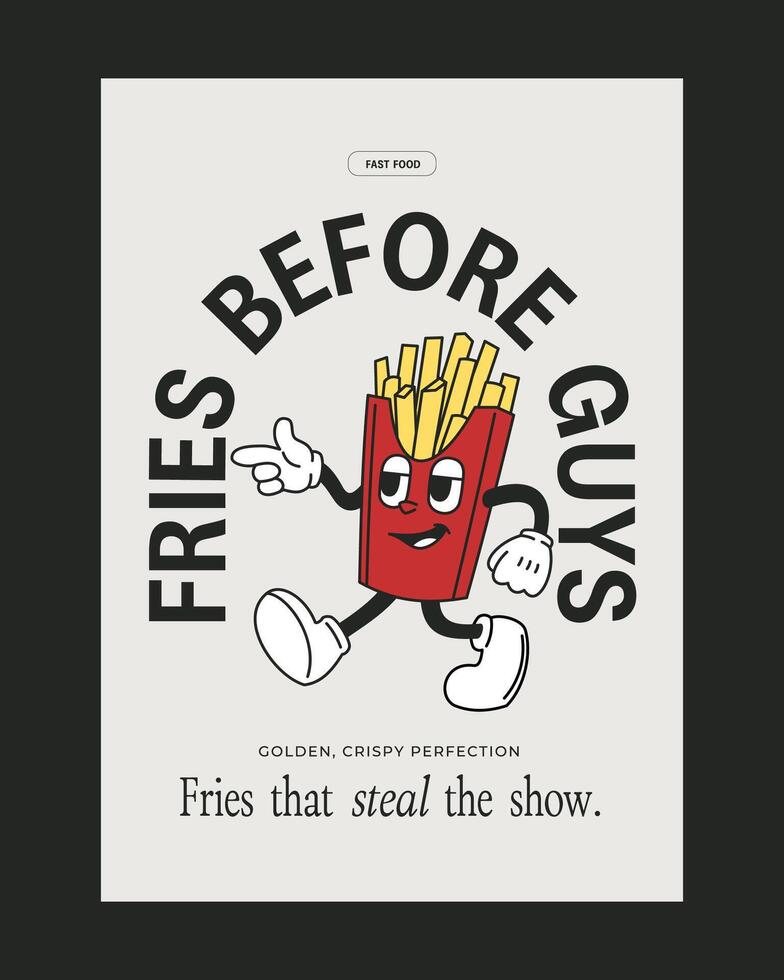 Retro-inspired poster featuring a cheerful fries mascot with bold typography, perfect for fast food branding and restaurant promotions. vector