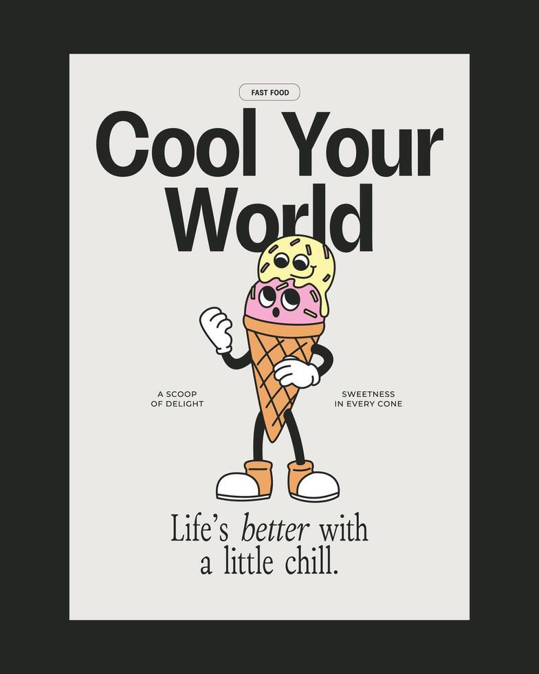 Retro-themed poster featuring a lively ice cream cone mascot with bold typography, ideal for dessert branding or fast food advertising campaigns. vector