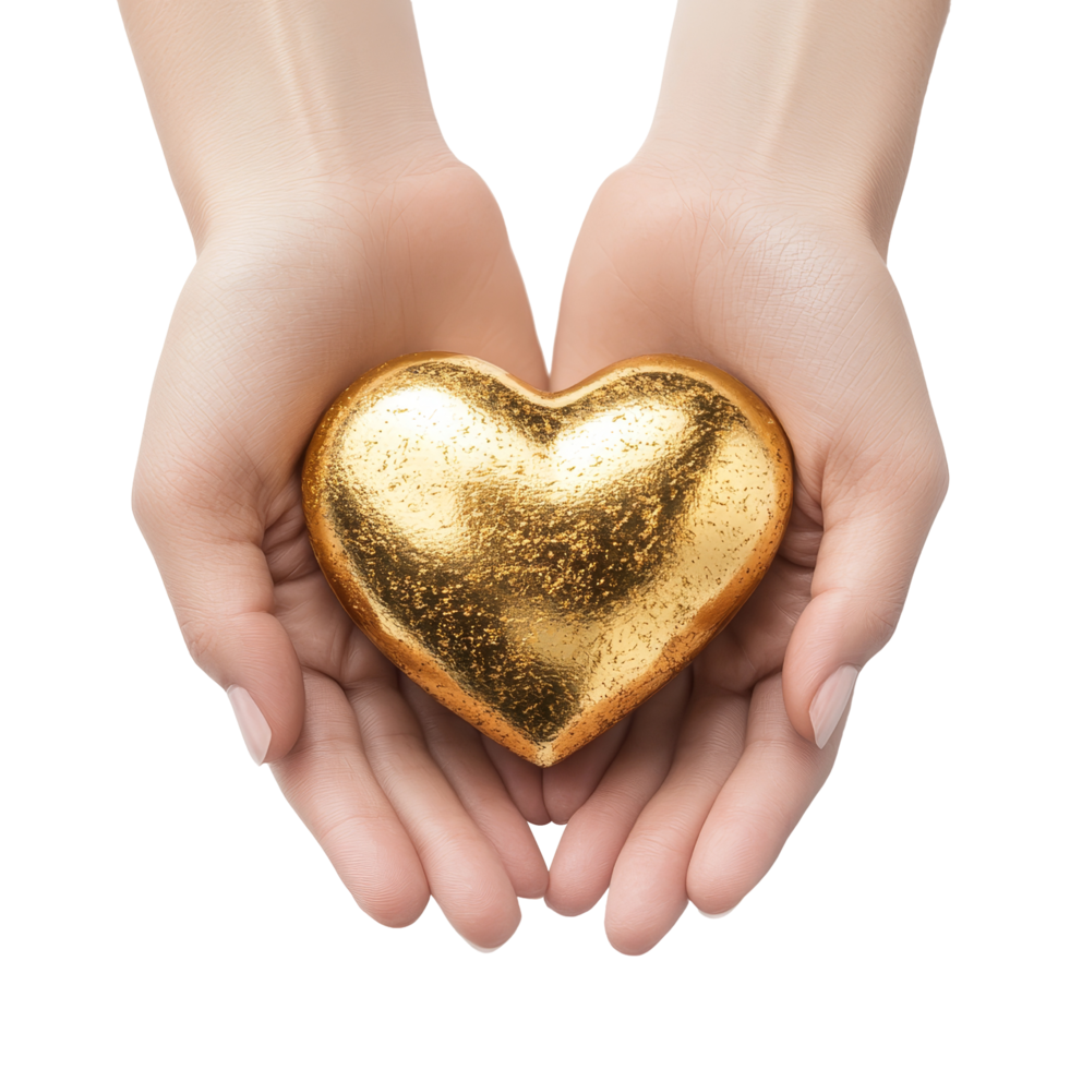 Two hands holding golden heart icon studio render soft png