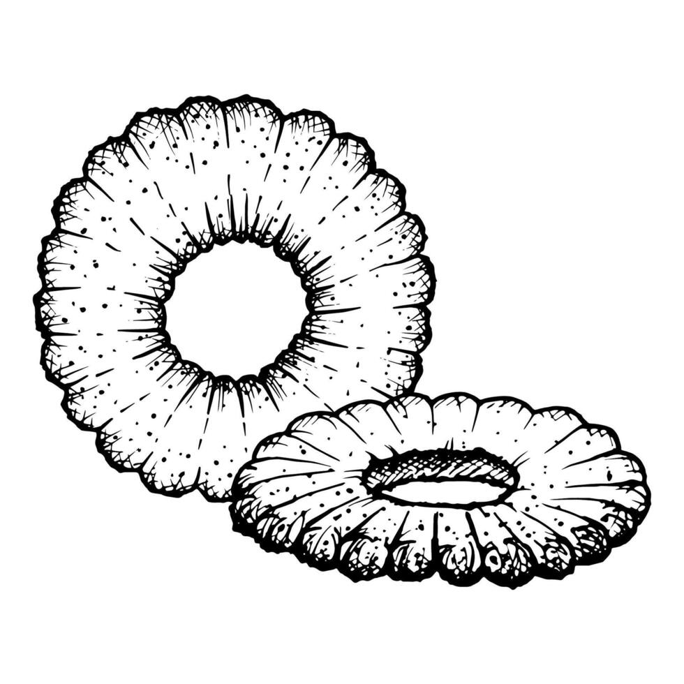 Round cookies with a central hole. Black and white hand drawn illustration, detailed with intricate texture. Ideal for bakery designs, Christmas holiday themes and food related projects vector
