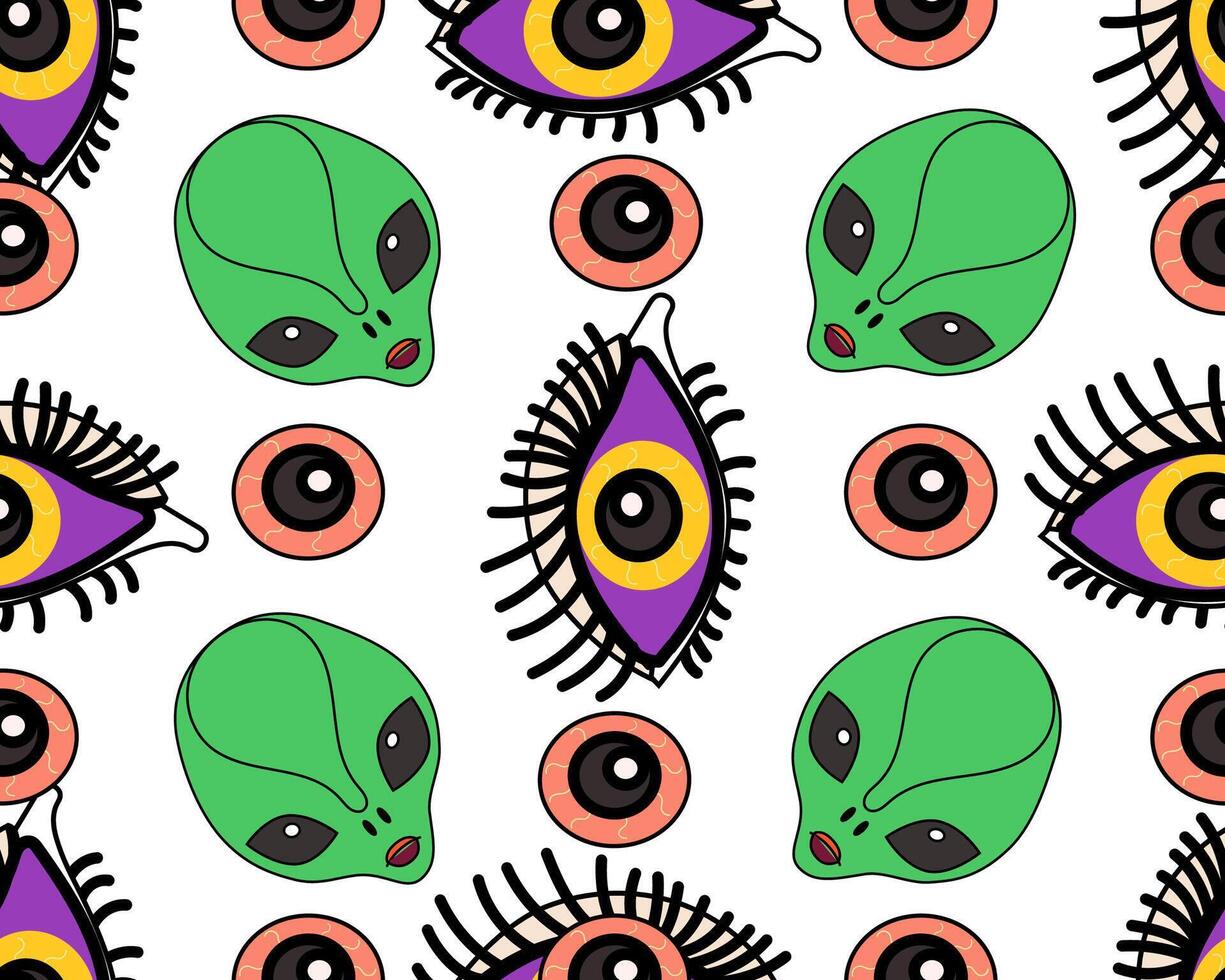 Pattern of aliens and purple eyes on a white background vector