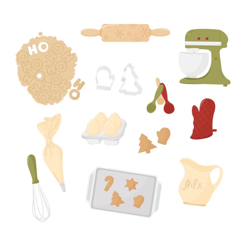 Bakery ingredients set. Baking cooking Merry Christmas cookies. Homemade cooking. Isolated a white background for card, postcard, cover. EPS 10 vector