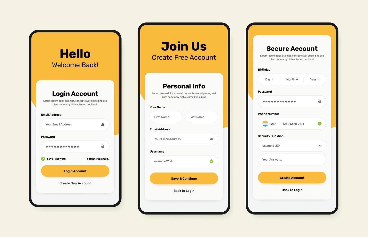 Professional login, signup and account registration form mobile app interface template design vector