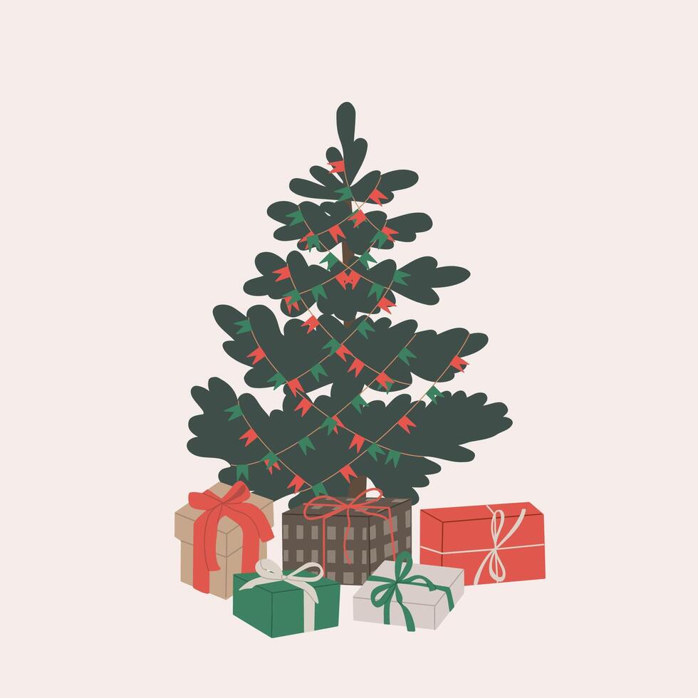 Christmas tree and presents. Christmas tree decorated with red and green garland. Merry Christmas and Happy New Year. Hand drawn illustration vector