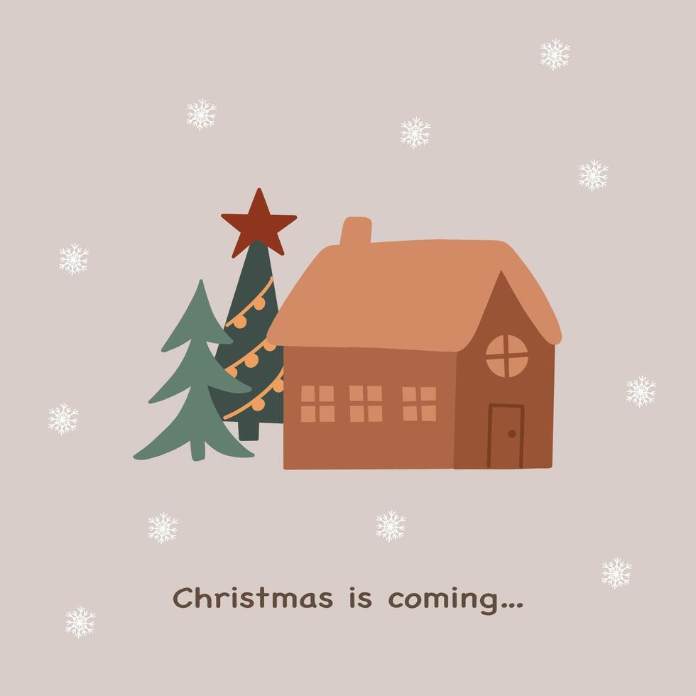 Christmas greeting card with house, christmas tree and snowfall. Winter holiday. Merry Christmas and Happy New Year. Hand drawn illustration vector