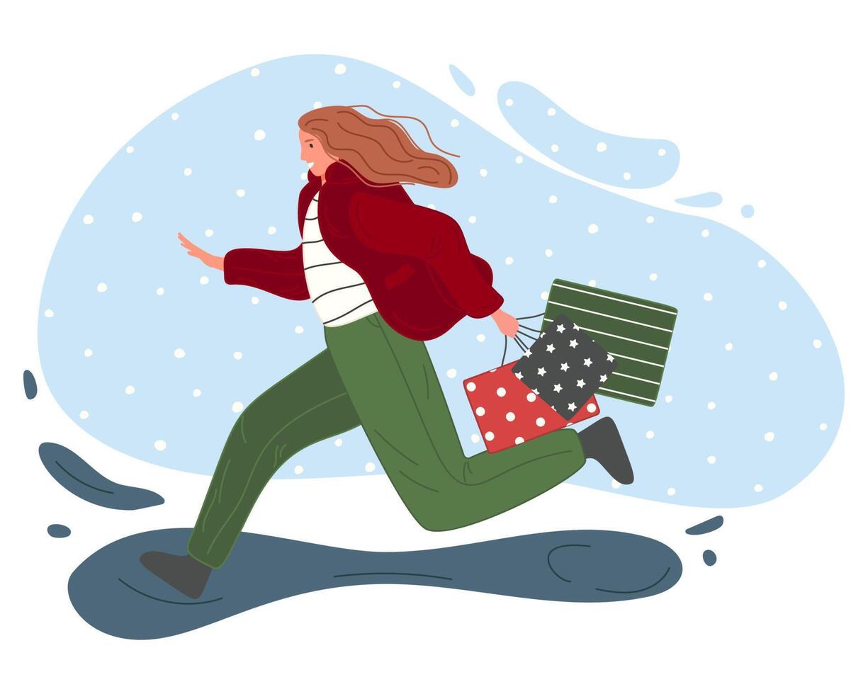 A woman running with gifts in her hands vector