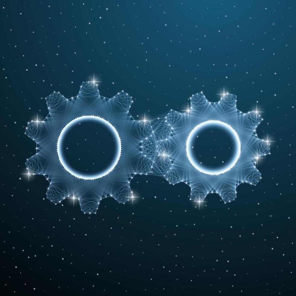 Two gears on a dark background with stars vector