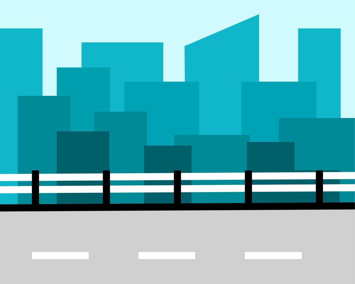 Illustration of stylized city skyline in turquoise shades, featuring a road and fence, creating a contemporary urban feel vector
