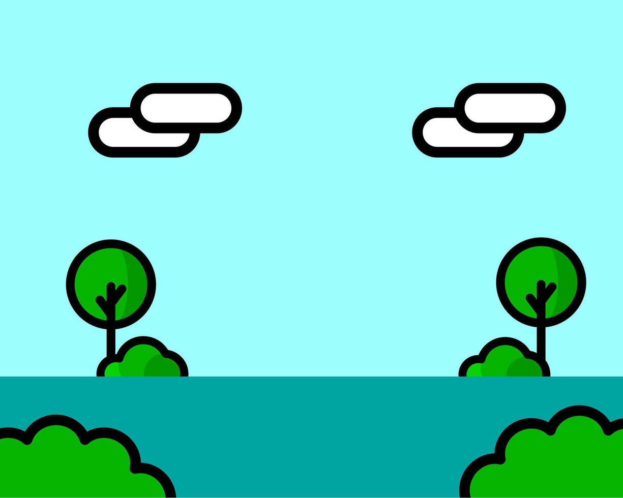 Illustration of tranquil green landscape featuring stylized trees and bushes against a light blue background, evoking a peaceful outdoor setting vector
