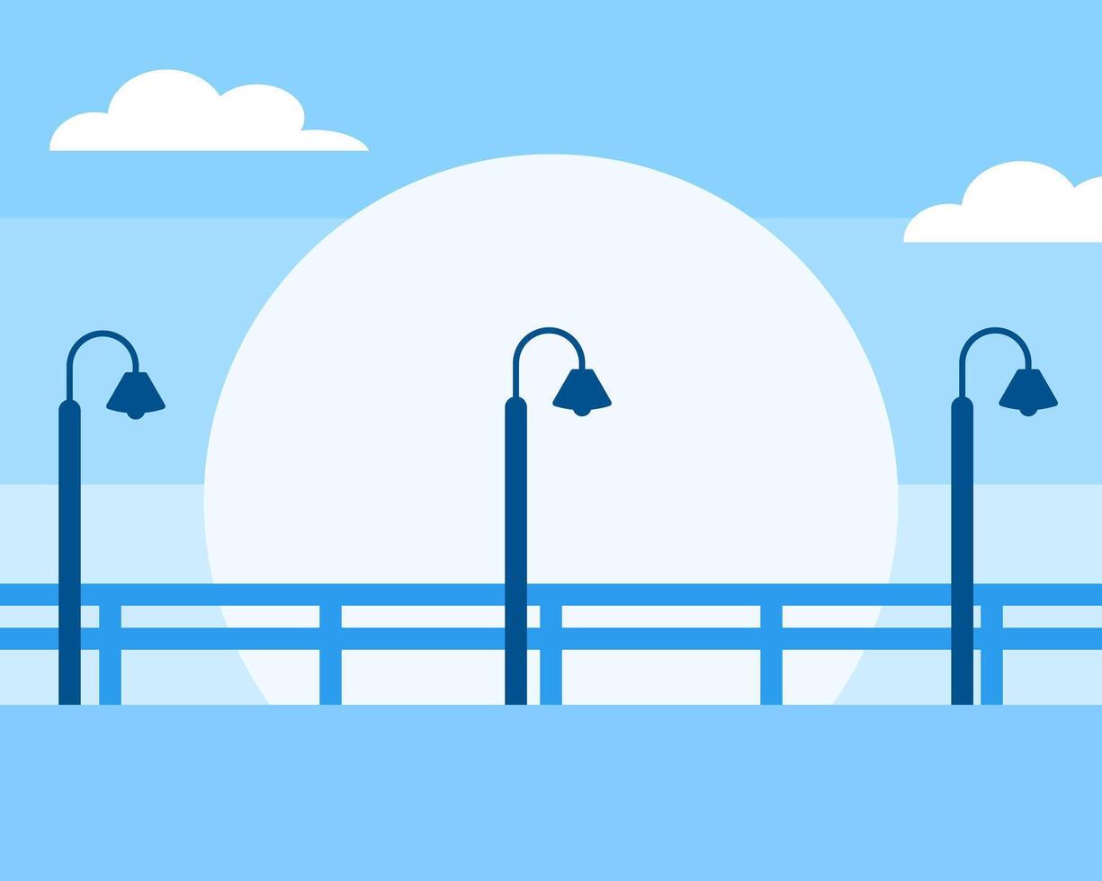Illustration of bright blue scene with street lamps and a large sun, set against a light blue sky, creating a cheerful atmosphere vector