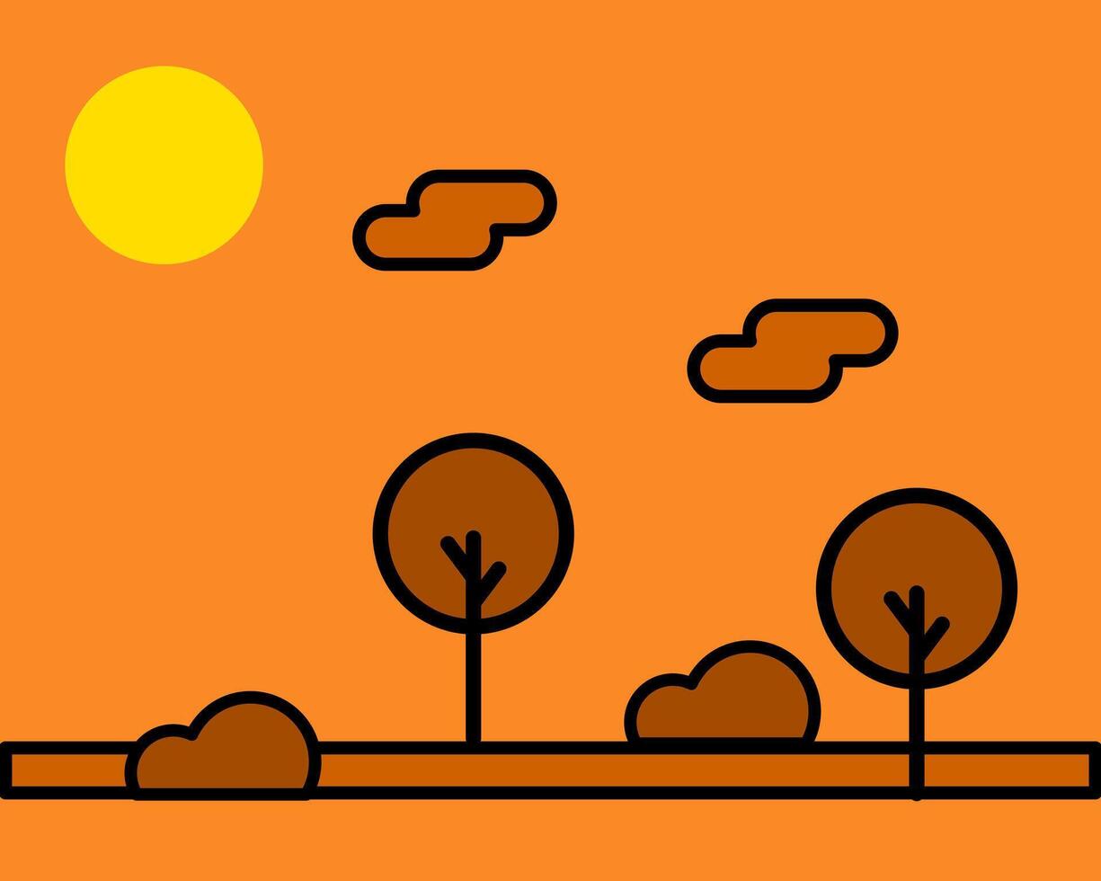 Illustration of vibrant orange landscape featuring a bright yellow sun, fluffy clouds, and stylized brown trees. The scene captures a warm, cheerful atmosphere vector