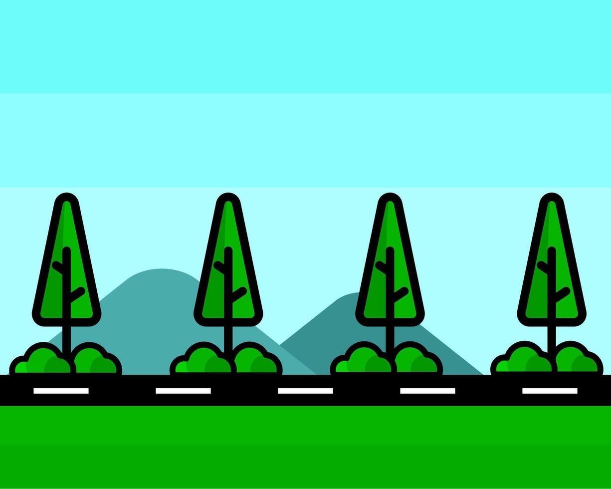 Illustration of bright landscape featuring green trees and bushes along a road, set against a light blue sky and distant hills vector