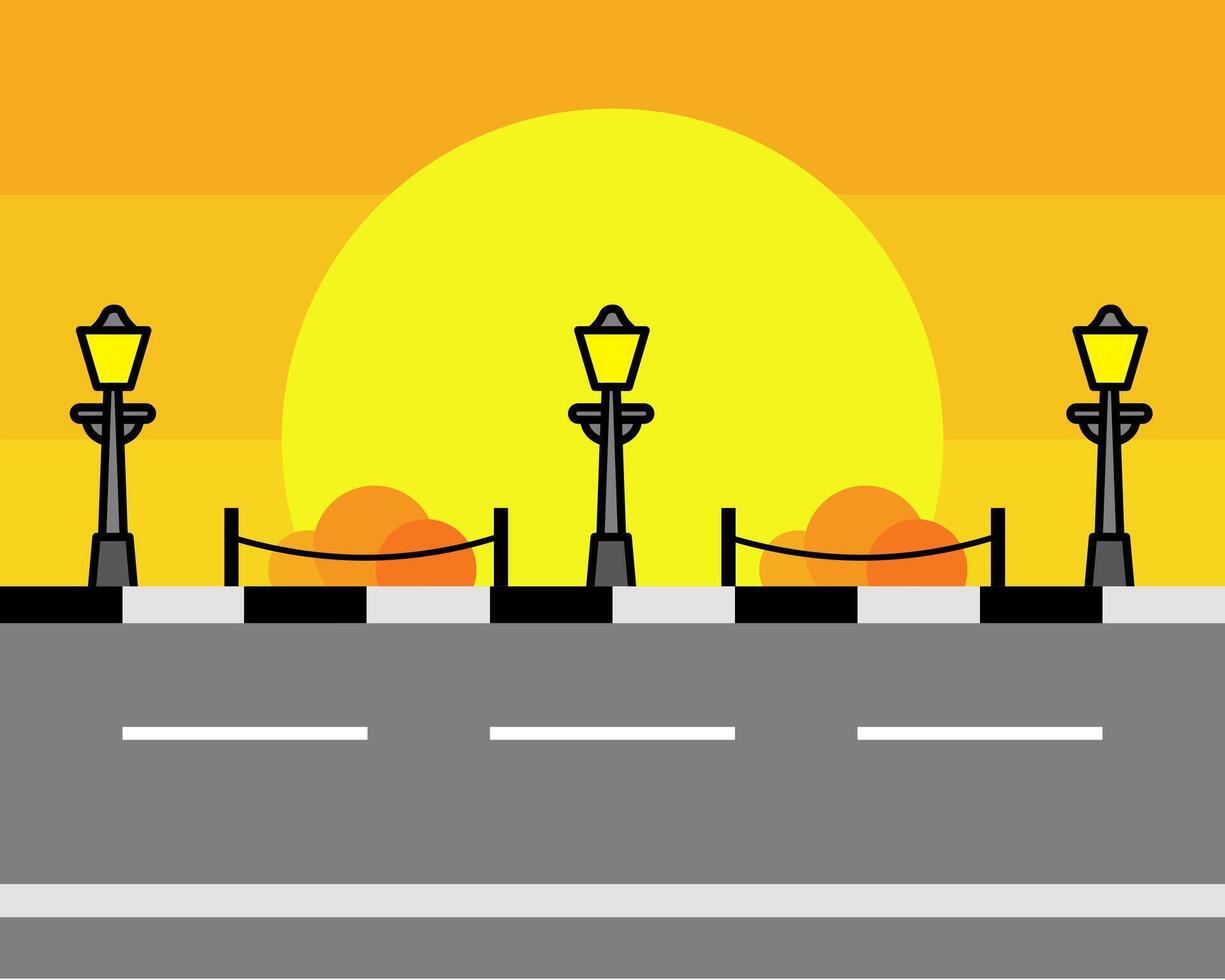 Illustration of vibrant sunset backdrop with yellow hues, featuring street lamps and a road, creating a warm evening vibe vector