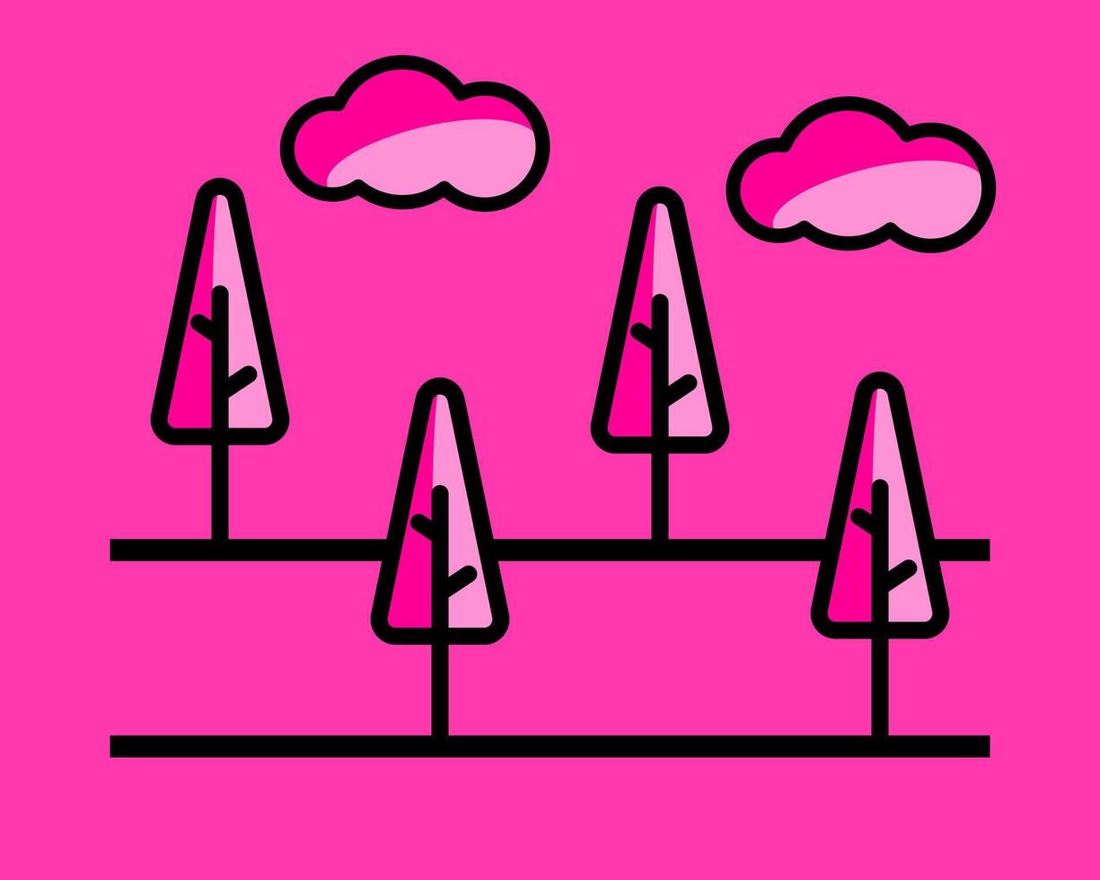 Illustration of playful pink landscape with stylized pink trees and clouds, creating a whimsical and cheerful vibe vector
