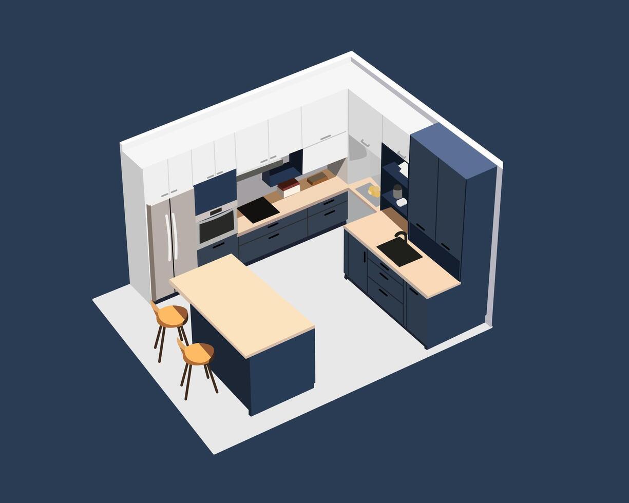 Illustration of isometric A modern kitchen featuring navy blue and white cabinetry, a wooden countertop island, and stainless steel appliances in a sleek design vector