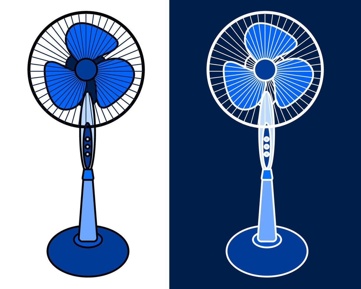 Illustration of Blue standing fan with three blades and a round protective grill. vector